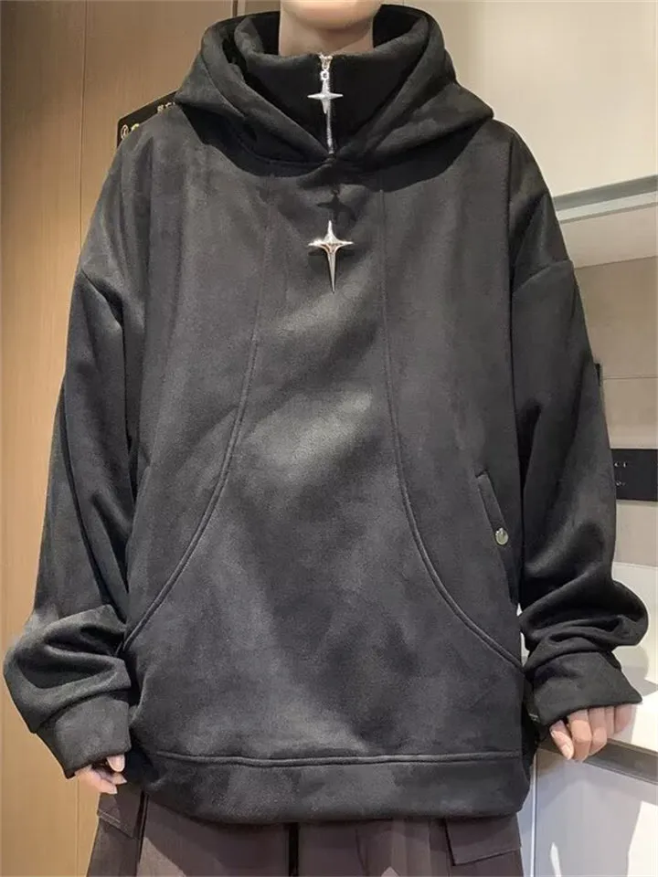 Fake Two-Piece Star Zipper Plush Lining Hoodies for Men