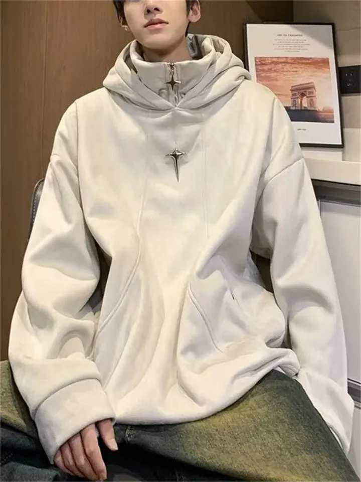 Fake Two-Piece Star Zipper Plush Lining Hoodies for Men