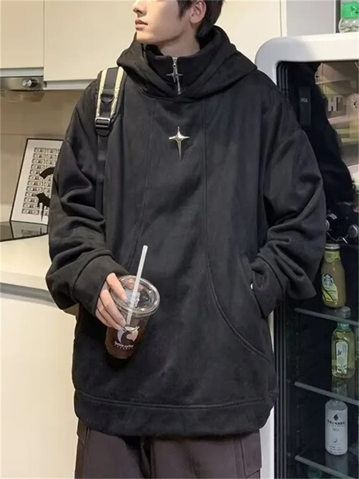 Fake Two-Piece Star Zipper Plush Lining Hoodies for Men