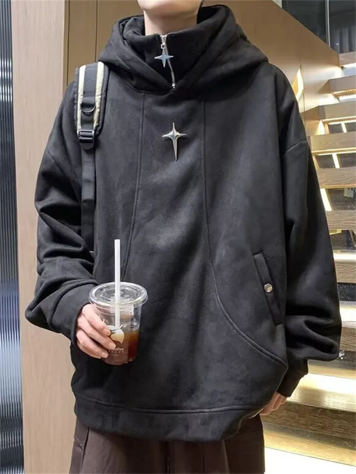 Fake Two-Piece Star Zipper Plush Lining Hoodies for Men