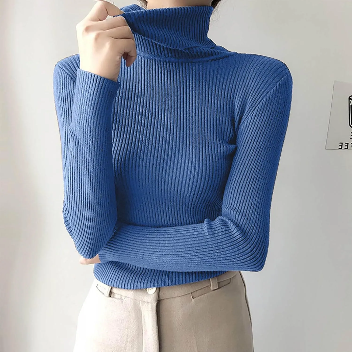 Fall Long Sleeve Turtleneck Sweaters for Women 2024 Ribbed Knit Pullover Sweater Slim Fit Basic Casual Tee Tops