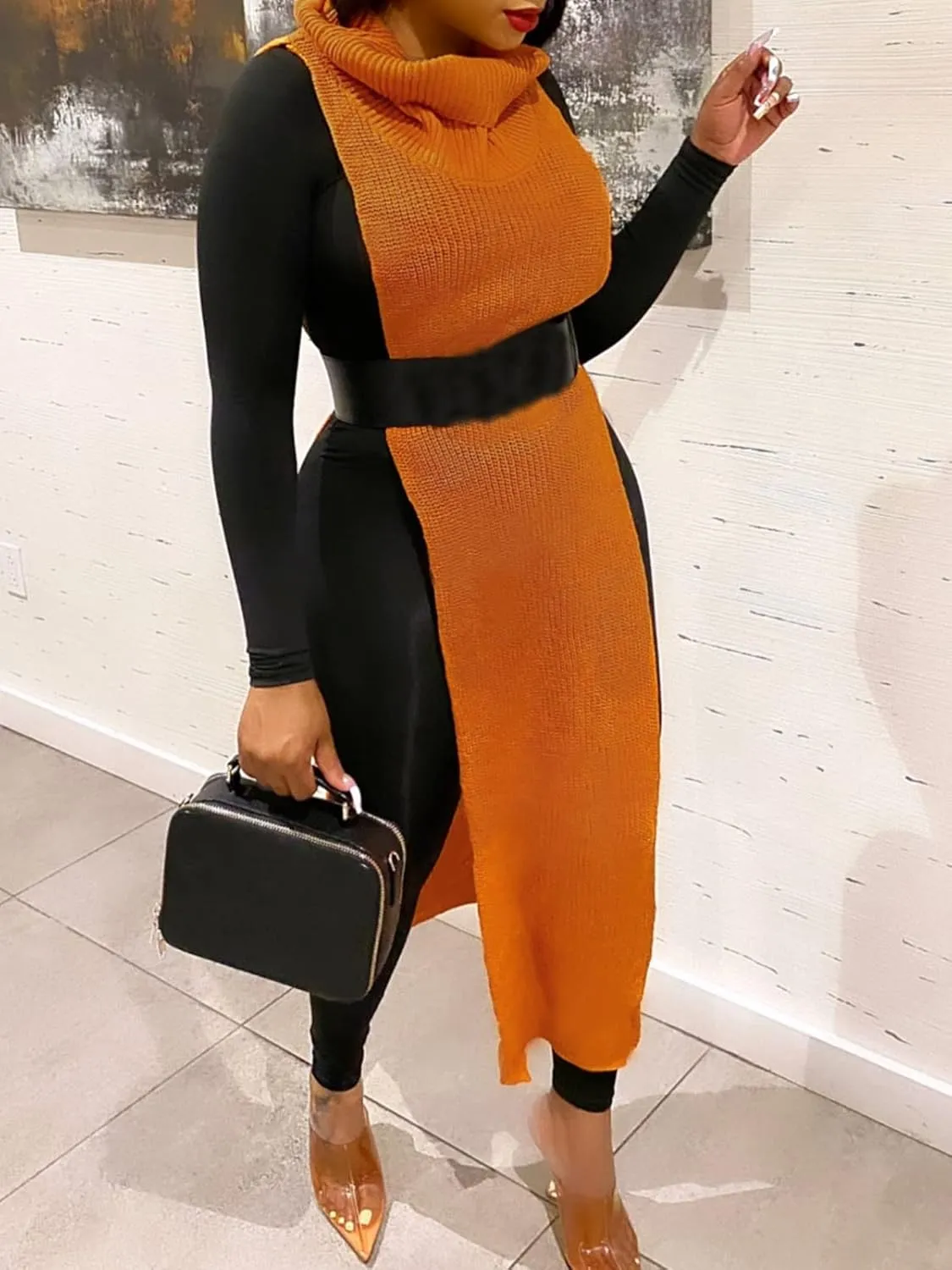 Famnbro Women's Sleeveless Turtleneck Sweater Sexy High Slit Long Maxi Dress Ribbed Knitted Top