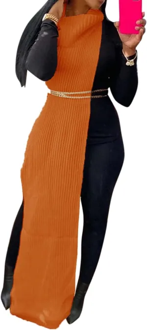 Famnbro Women's Sleeveless Turtleneck Sweater Sexy High Slit Long Maxi Dress Ribbed Knitted Top