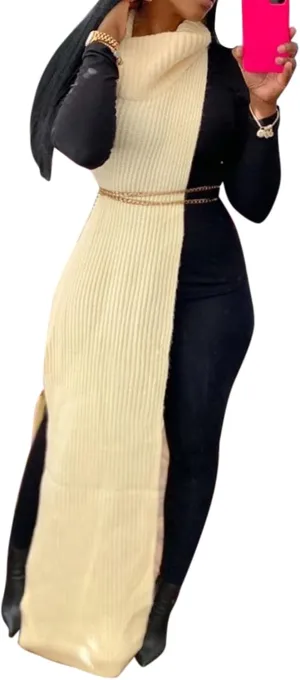 Famnbro Women's Sleeveless Turtleneck Sweater Sexy High Slit Long Maxi Dress Ribbed Knitted Top