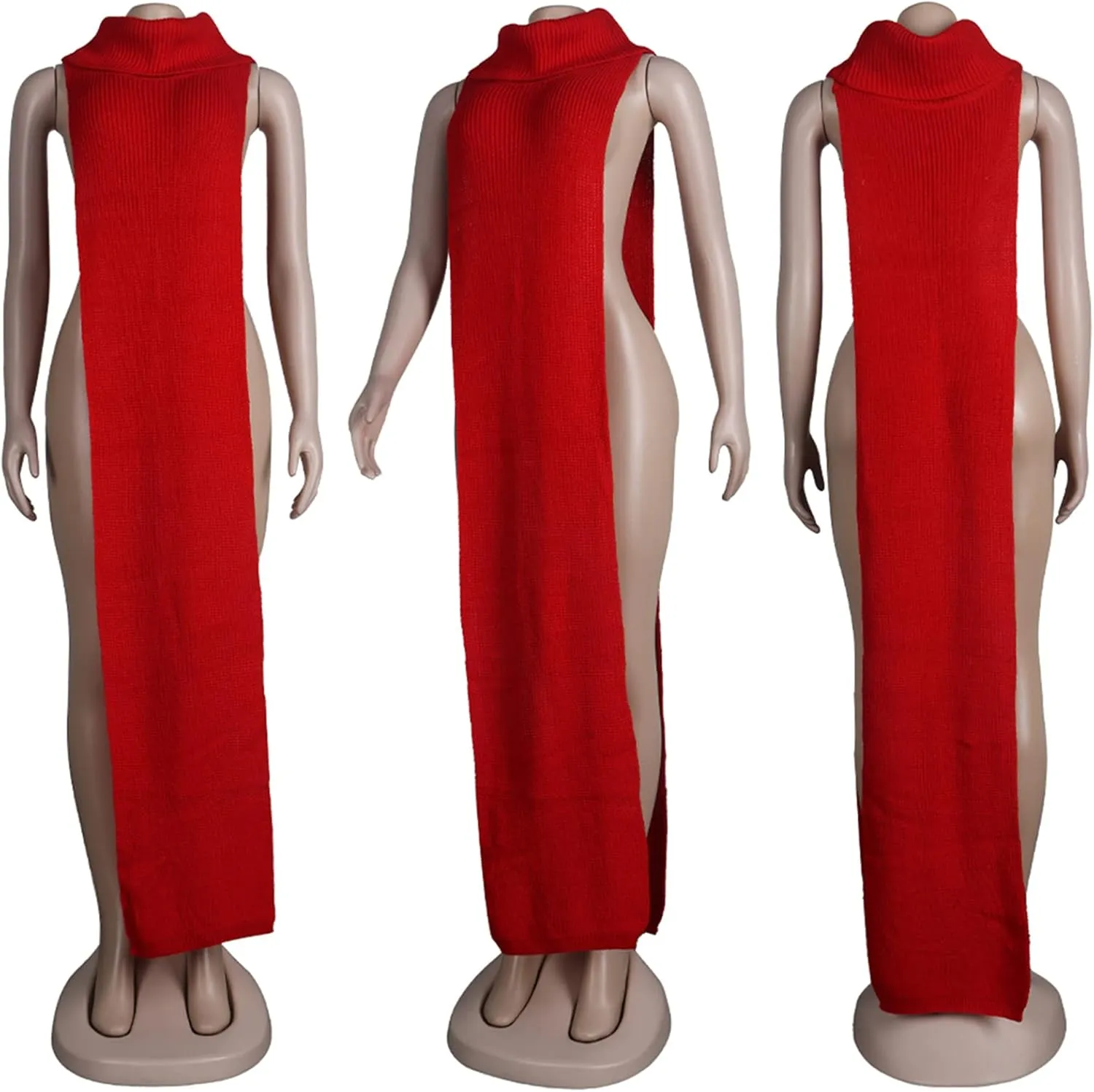Famnbro Women's Sleeveless Turtleneck Sweater Sexy High Slit Long Maxi Dress Ribbed Knitted Top