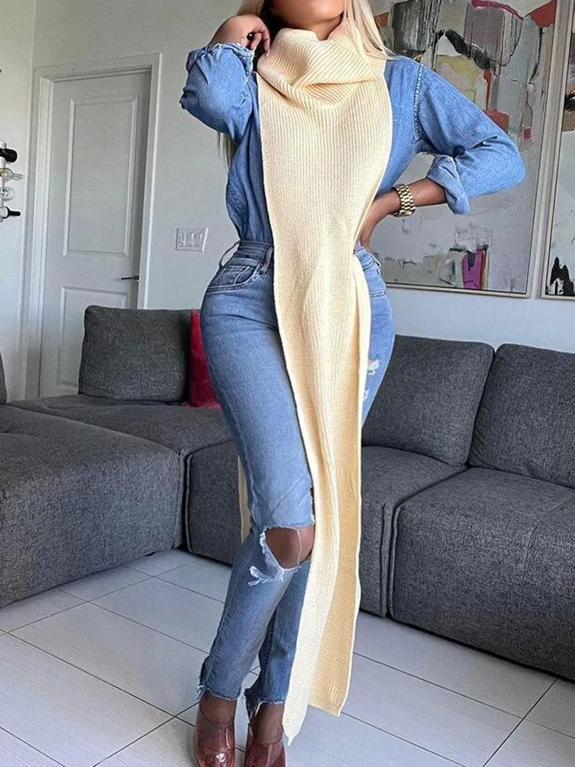 Famnbro Women's Sleeveless Turtleneck Sweater Sexy High Slit Long Maxi Dress Ribbed Knitted Top
