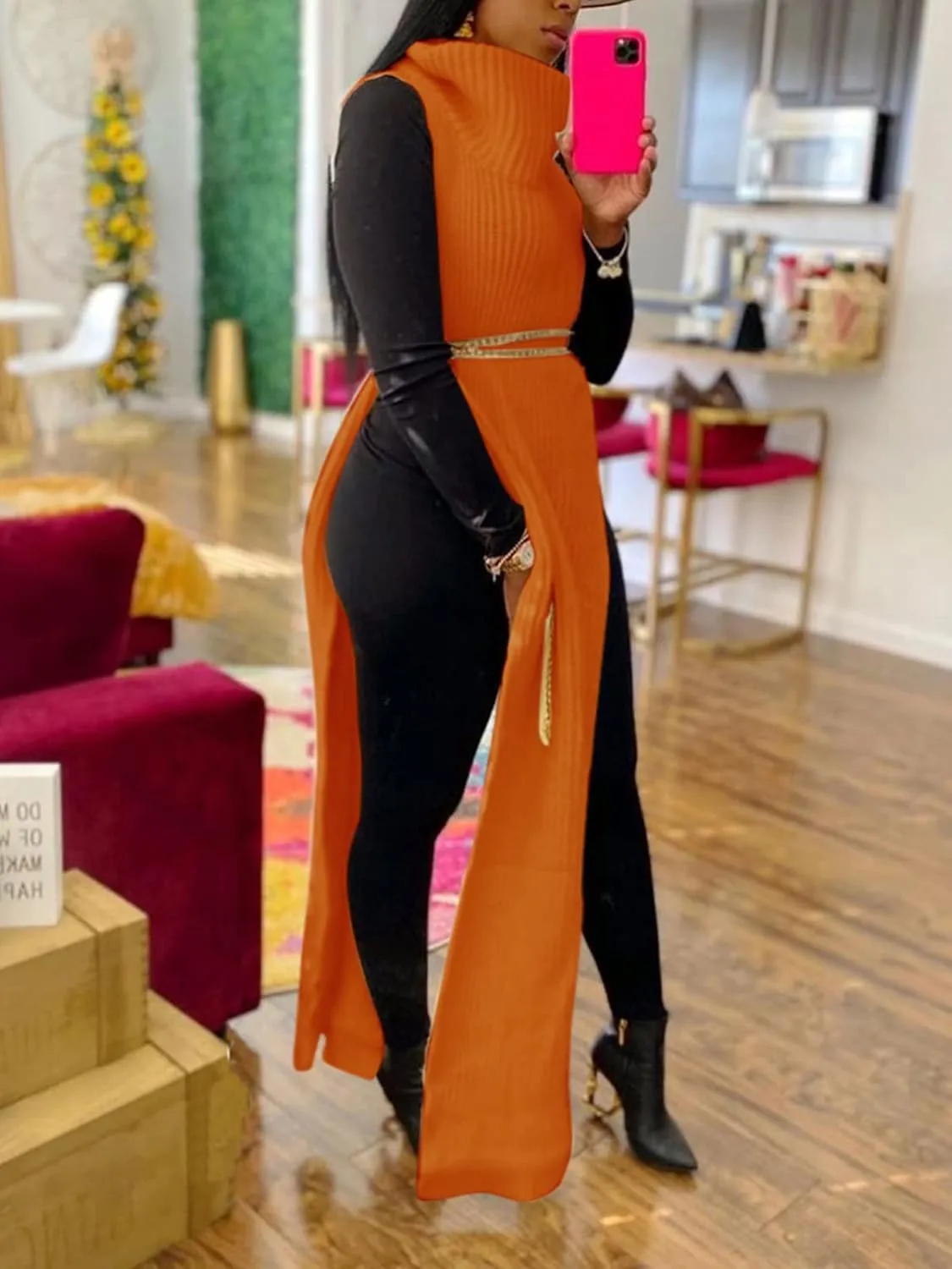 Famnbro Women's Sleeveless Turtleneck Sweater Sexy High Slit Long Maxi Dress Ribbed Knitted Top