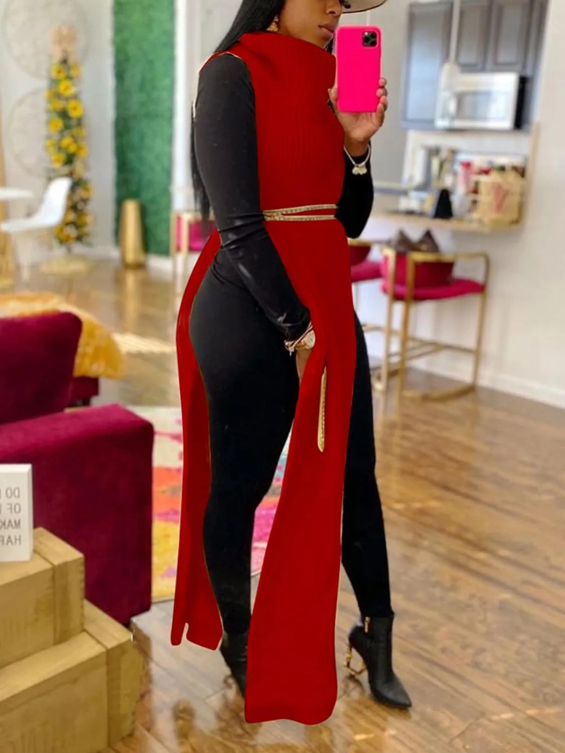 Famnbro Women's Sleeveless Turtleneck Sweater Sexy High Slit Long Maxi Dress Ribbed Knitted Top