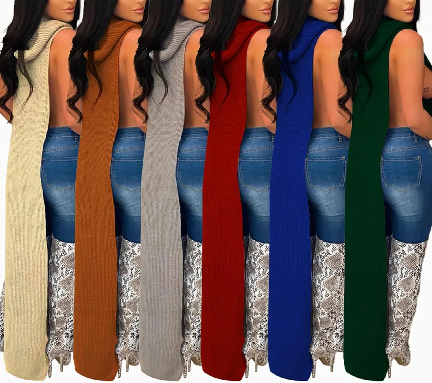 Famnbro Women's Sleeveless Turtleneck Sweater Sexy High Slit Long Maxi Dress Ribbed Knitted Top