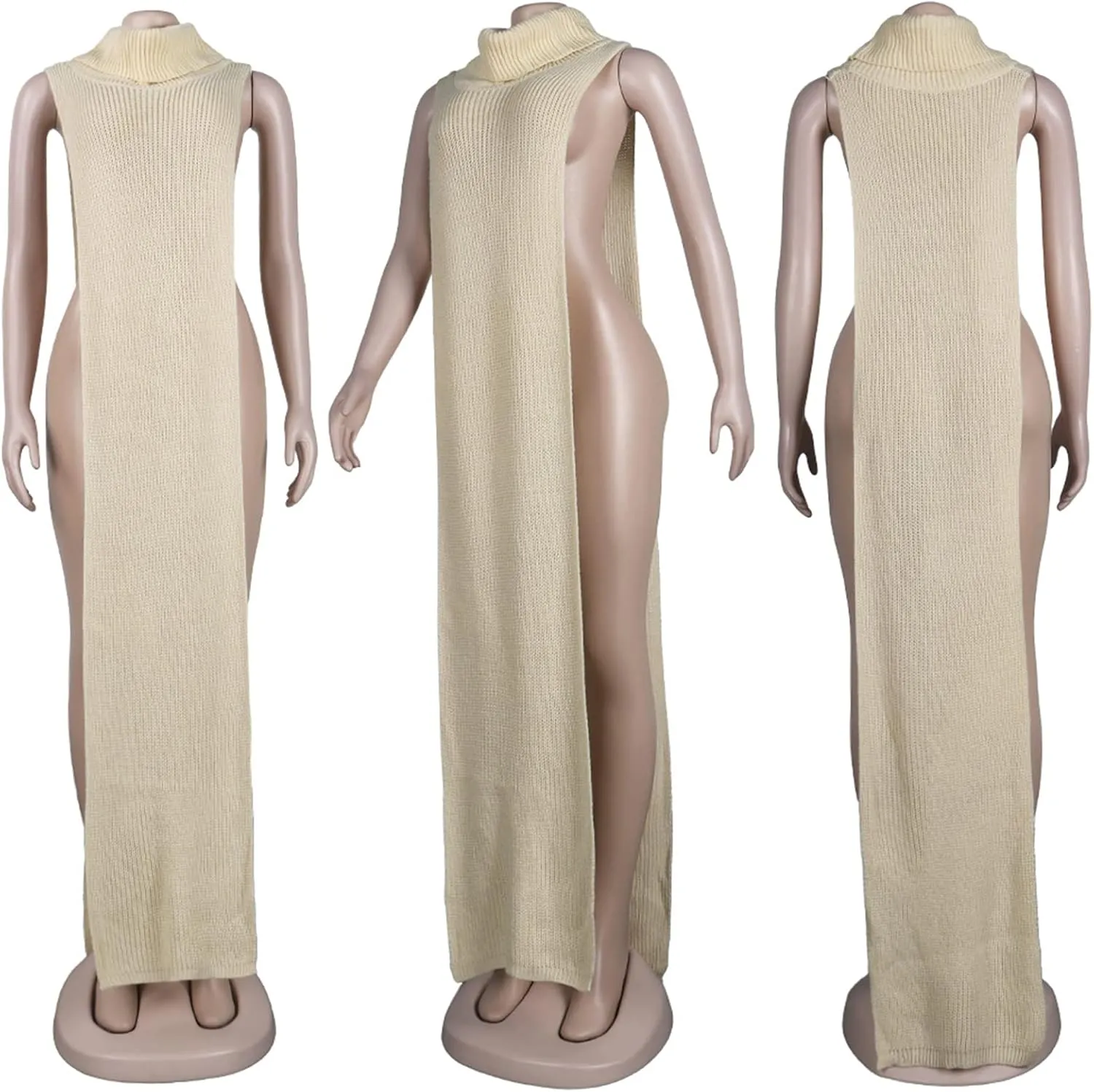 Famnbro Women's Sleeveless Turtleneck Sweater Sexy High Slit Long Maxi Dress Ribbed Knitted Top