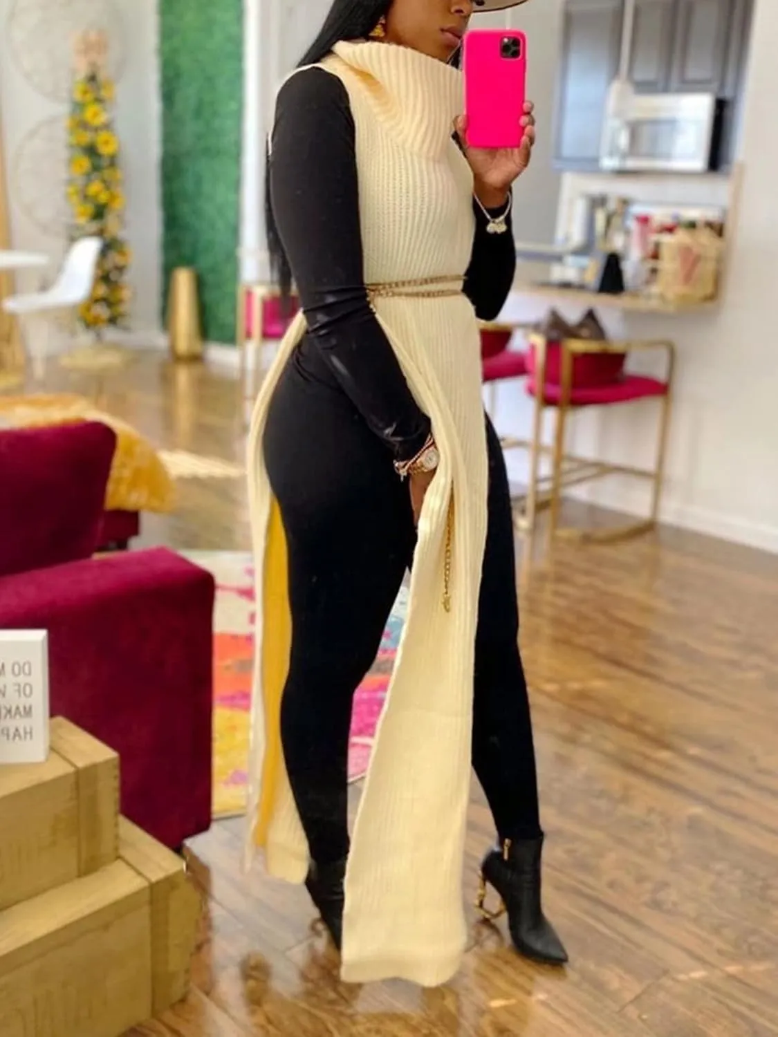 Famnbro Women's Sleeveless Turtleneck Sweater Sexy High Slit Long Maxi Dress Ribbed Knitted Top
