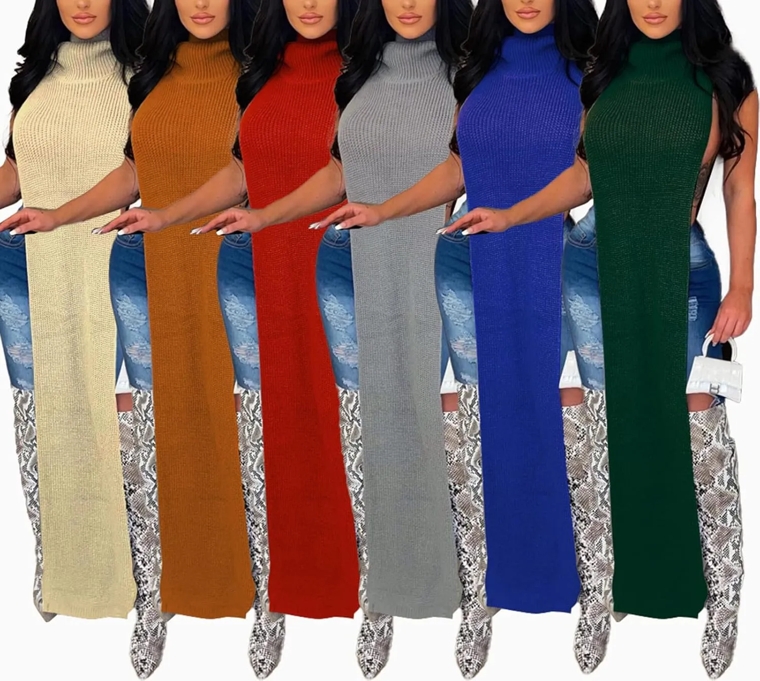 Famnbro Women's Sleeveless Turtleneck Sweater Sexy High Slit Long Maxi Dress Ribbed Knitted Top