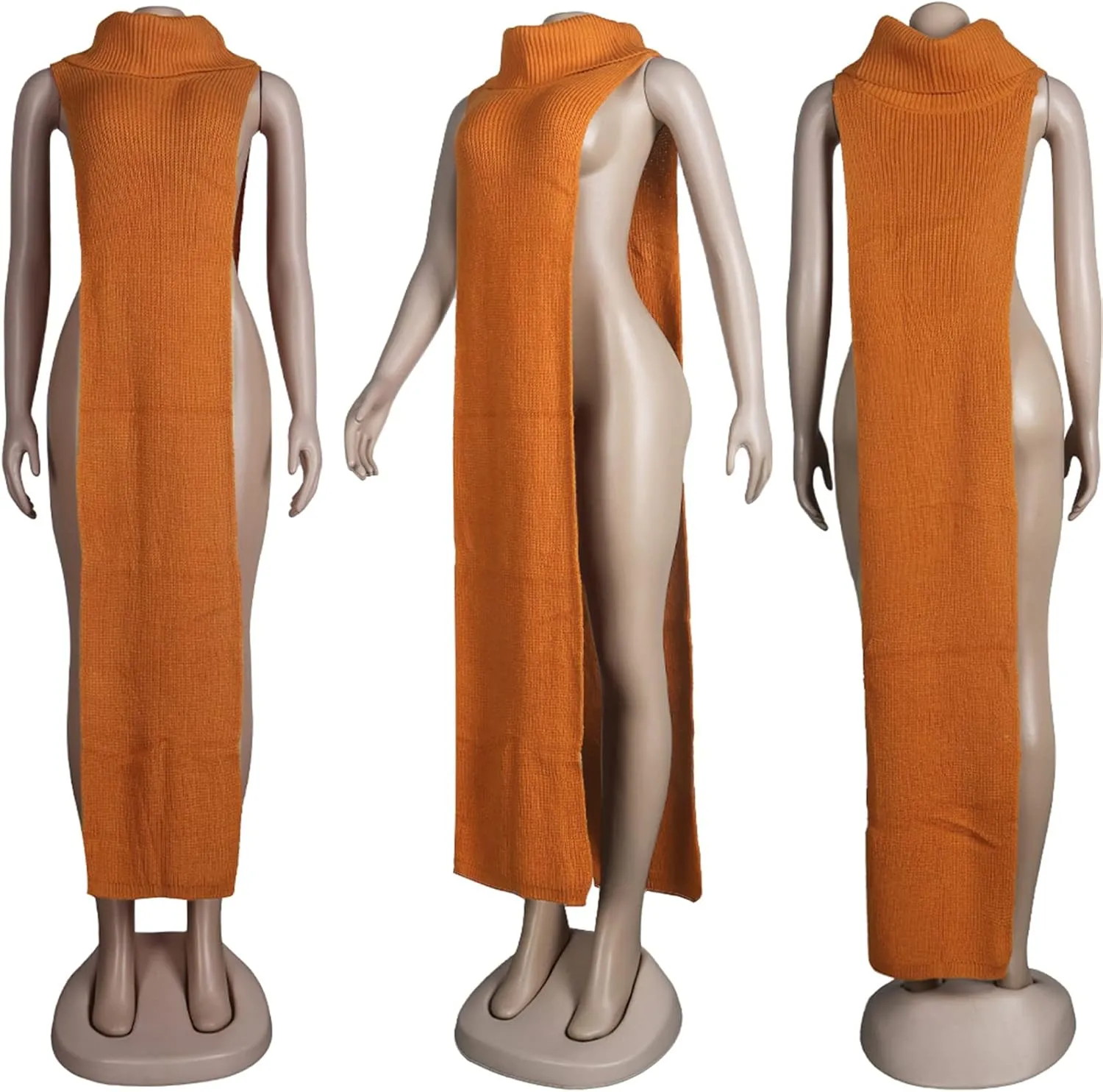Famnbro Women's Sleeveless Turtleneck Sweater Sexy High Slit Long Maxi Dress Ribbed Knitted Top