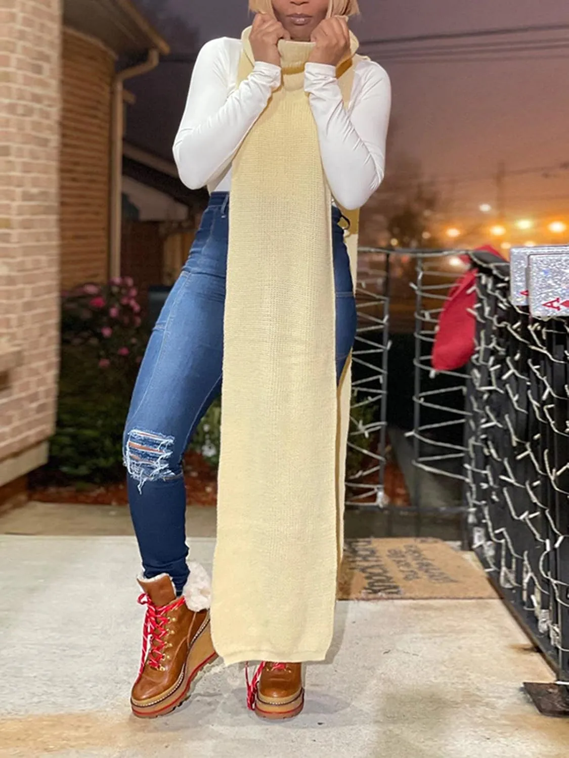 Famnbro Women's Sleeveless Turtleneck Sweater Sexy High Slit Long Maxi Dress Ribbed Knitted Top