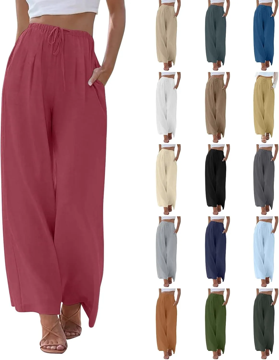 fanmpghleoo Linen Palazzo Pants for Women Casual Wide Leg Linen Pants Summer Drawstring High Waisted Trousers with Pockets