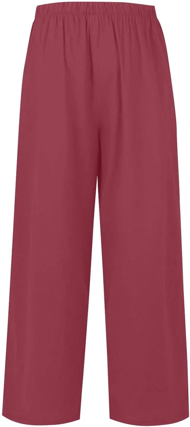 fanmpghleoo Linen Palazzo Pants for Women Casual Wide Leg Linen Pants Summer Drawstring High Waisted Trousers with Pockets