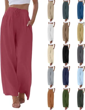 fanmpghleoo Linen Palazzo Pants for Women Casual Wide Leg Linen Pants Summer Drawstring High Waisted Trousers with Pockets