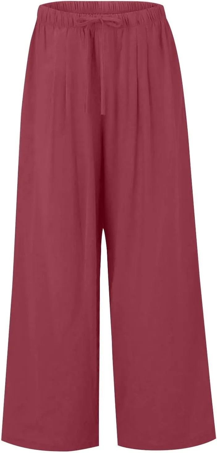 fanmpghleoo Linen Palazzo Pants for Women Casual Wide Leg Linen Pants Summer Drawstring High Waisted Trousers with Pockets