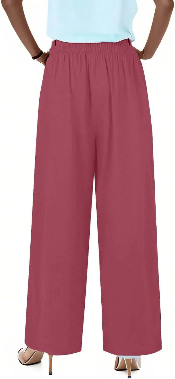 fanmpghleoo Linen Palazzo Pants for Women Casual Wide Leg Linen Pants Summer Drawstring High Waisted Trousers with Pockets