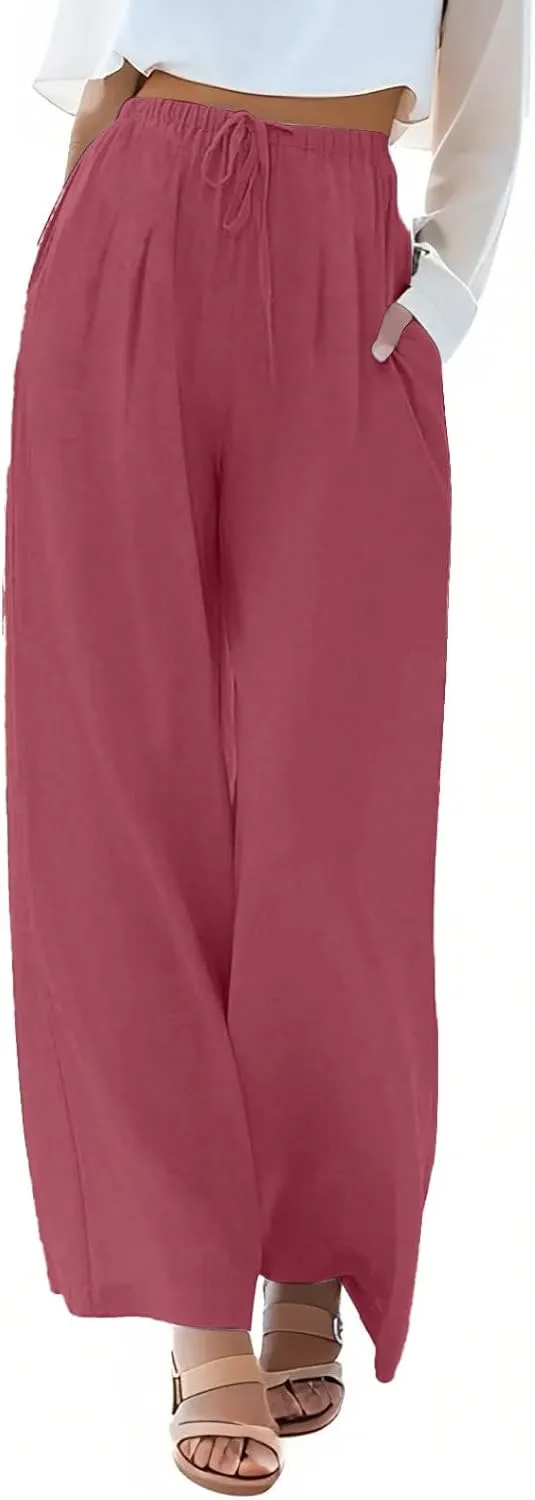 fanmpghleoo Linen Palazzo Pants for Women Casual Wide Leg Linen Pants Summer Drawstring High Waisted Trousers with Pockets