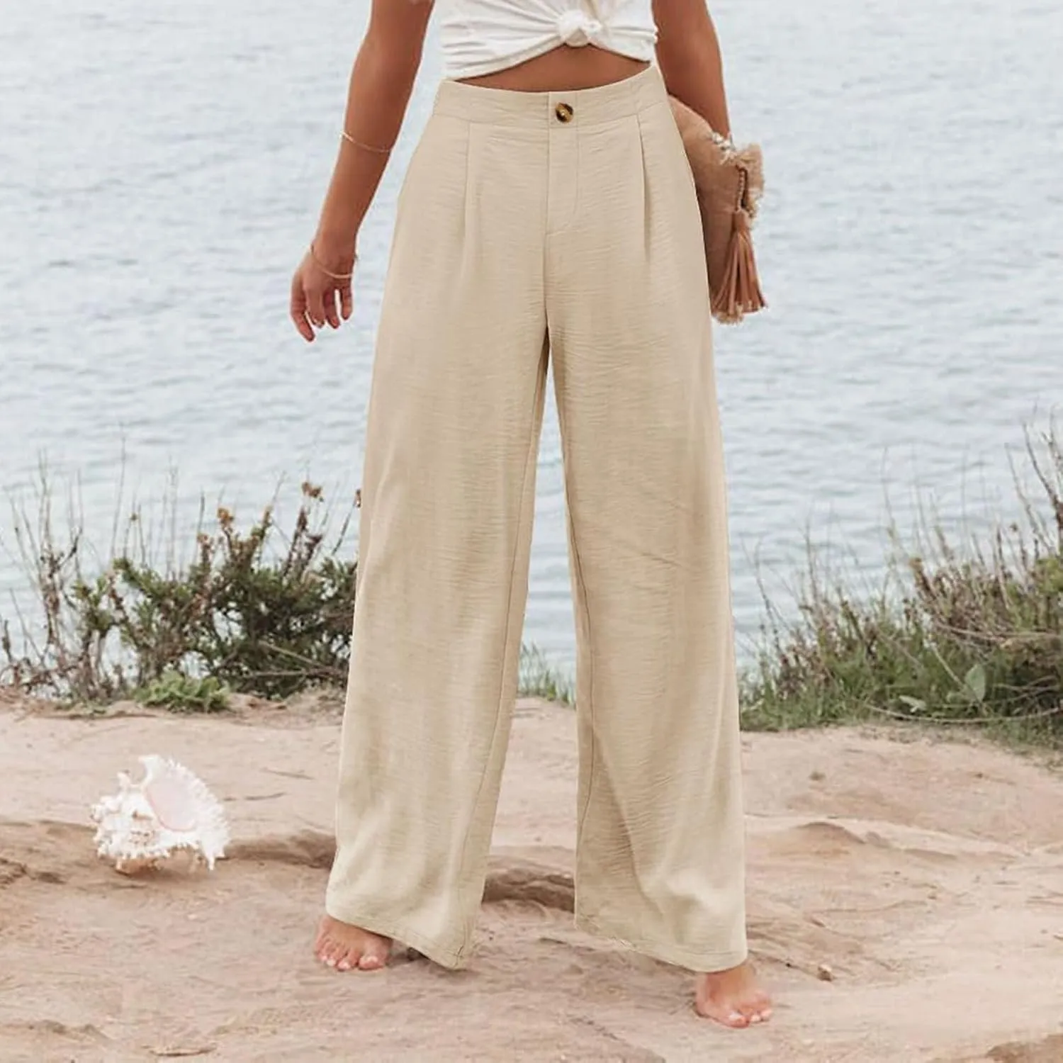 fanmpghleoo Wide Leg Linen Pants for Women Casual High Waisted Linen Palazzo Pants Flowy Beach Lounge Pants with Pockets 2025