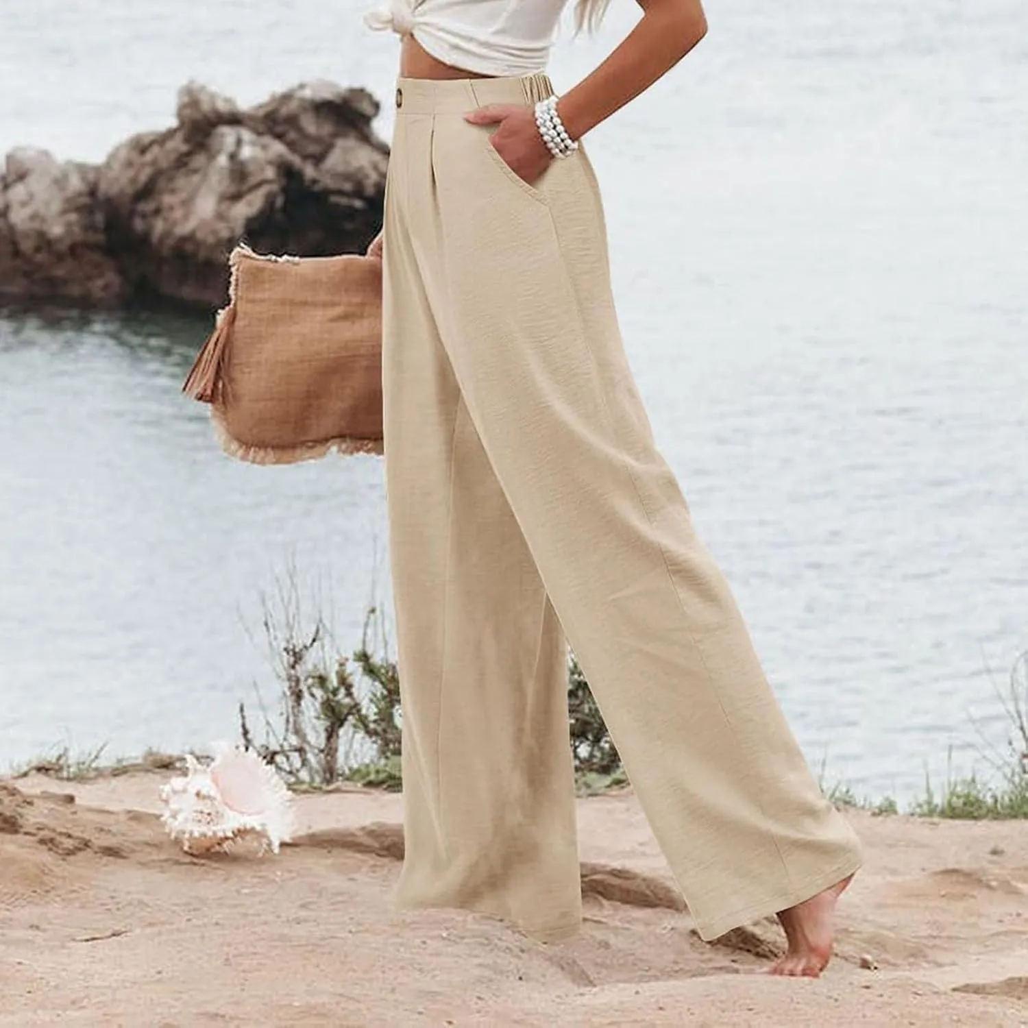 fanmpghleoo Wide Leg Linen Pants for Women Casual High Waisted Linen Palazzo Pants Flowy Beach Lounge Pants with Pockets 2025