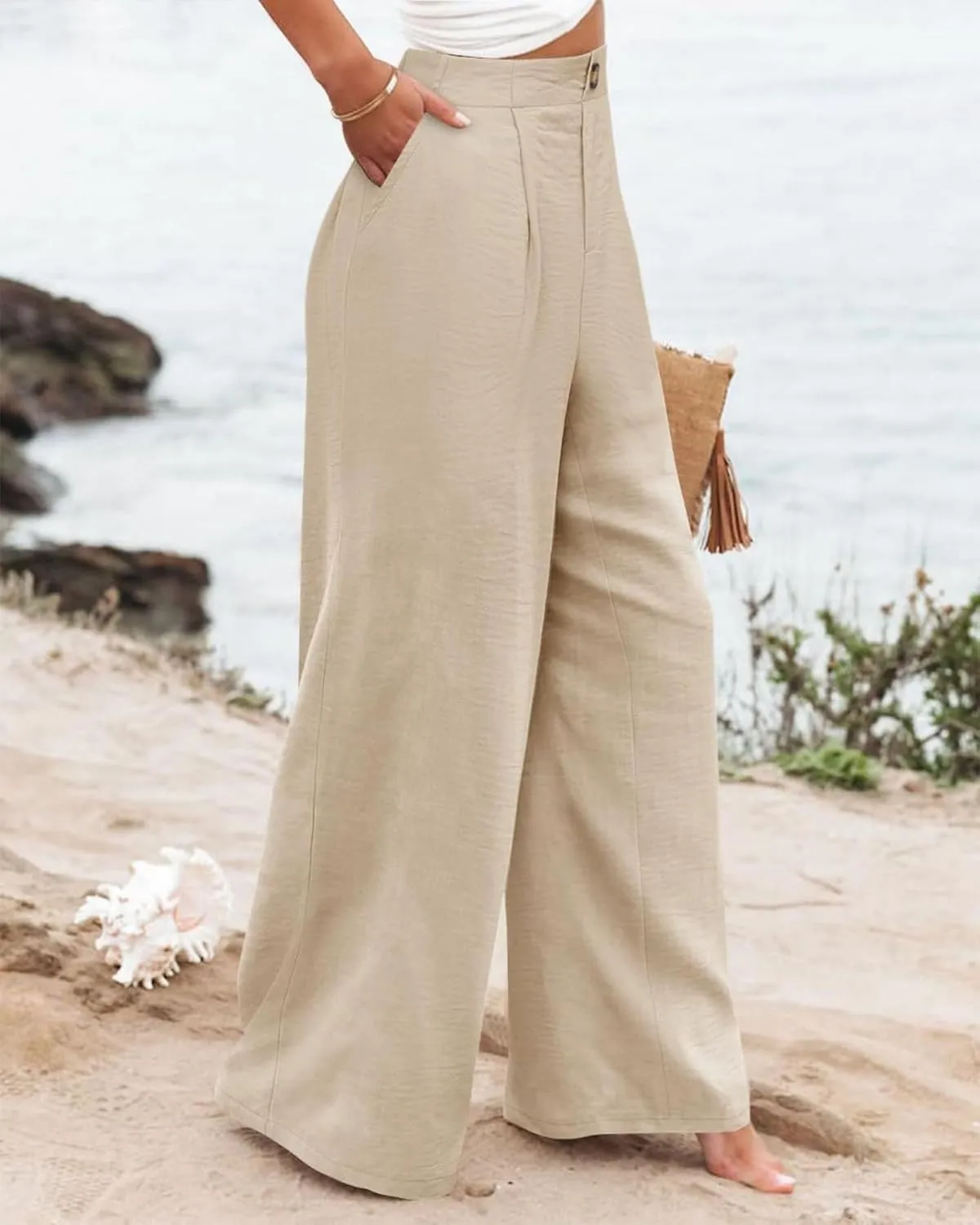 fanmpghleoo Wide Leg Linen Pants for Women Casual High Waisted Linen Palazzo Pants Flowy Beach Lounge Pants with Pockets 2025