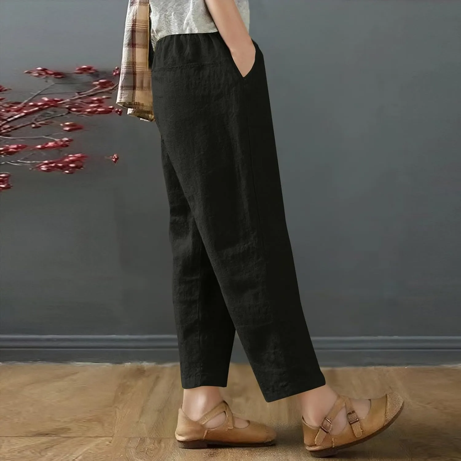 fanmpghleoo Wide Leg Linen Pants for Women Cropped High Waisted Linen Pants Women Summer Casual Pull On Capris with Pockets