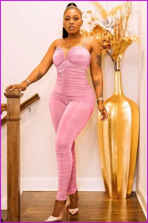 Fashion Design Ruched Spaghrtti Strap Bodycon JumpsuitDE958