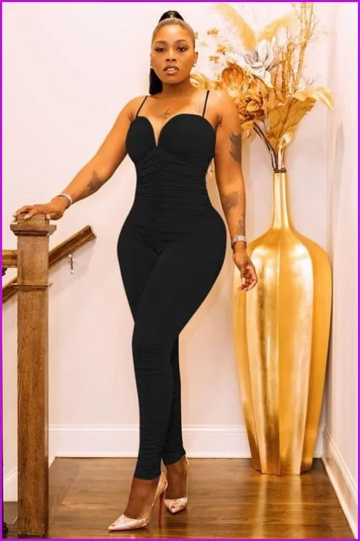 Fashion Design Ruched Spaghrtti Strap Bodycon JumpsuitDE958