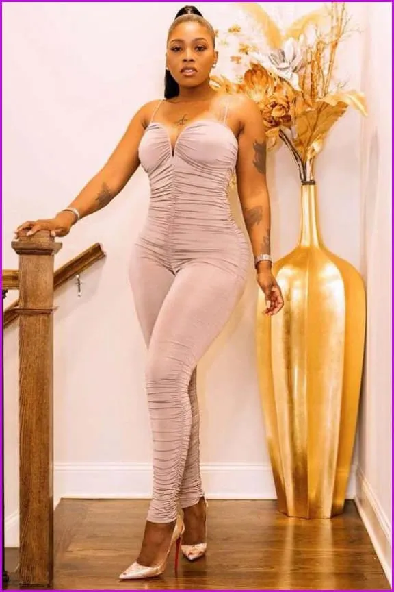 Fashion Design Ruched Spaghrtti Strap Bodycon JumpsuitDE958