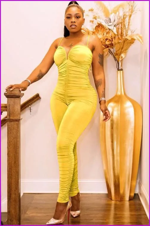 Fashion Design Ruched Spaghrtti Strap Bodycon JumpsuitDE958
