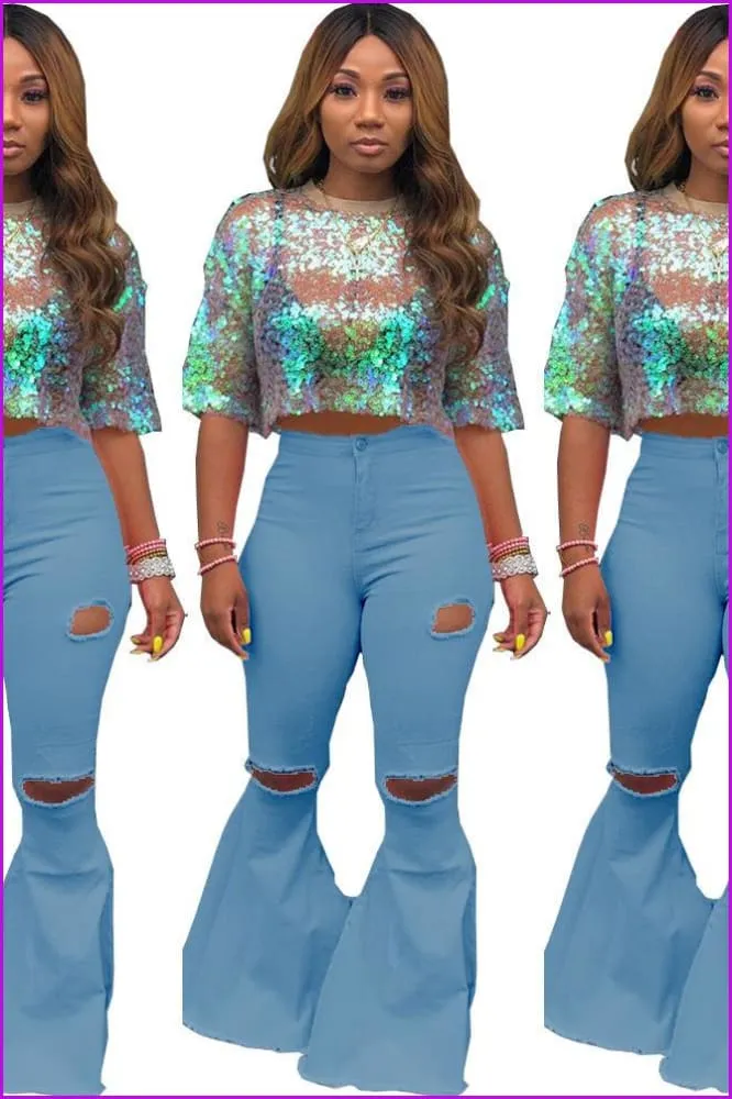 Fashion Hole Pink Flare Pants For WomenDE951
