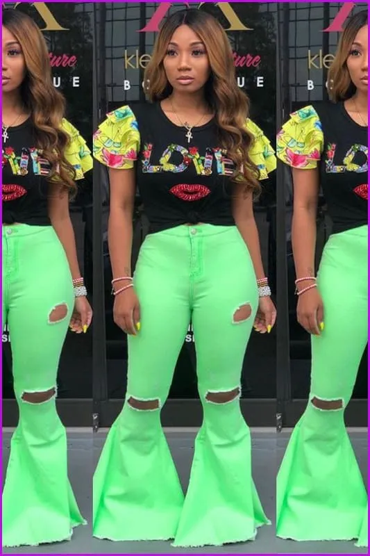 Fashion Hole Pink Flare Pants For WomenDE951