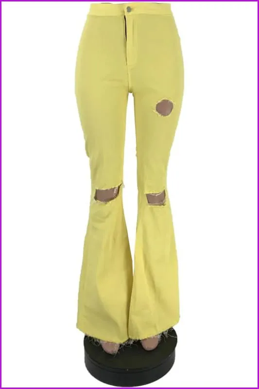 Fashion Hole Pink Flare Pants For WomenDE951