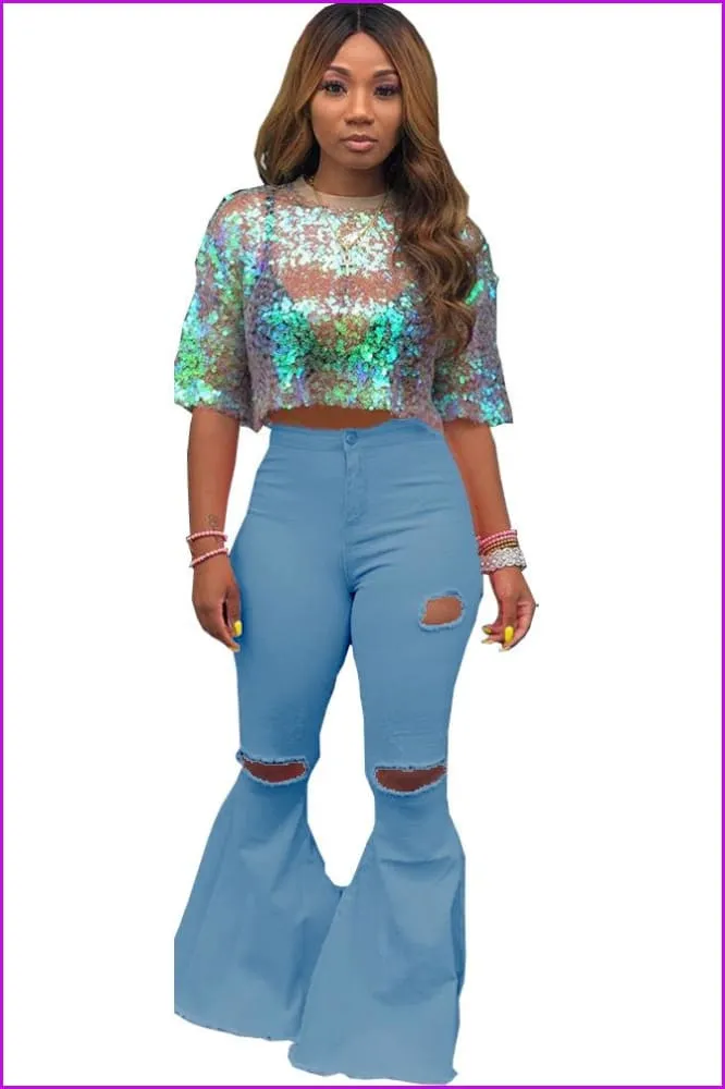 Fashion Hole Pink Flare Pants For WomenDE951