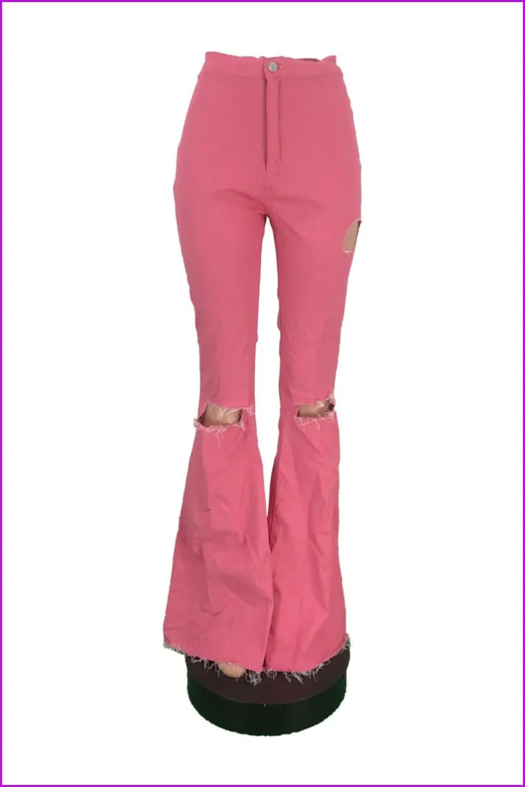 Fashion Hole Pink Flare Pants For WomenDE951