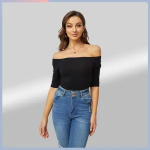 Fashion Woman Blouses 2022 Summer Sexy Elegant Party Vintage Luxury Middle Sleeve Knit Women Tube Off Shoulder Top Black
