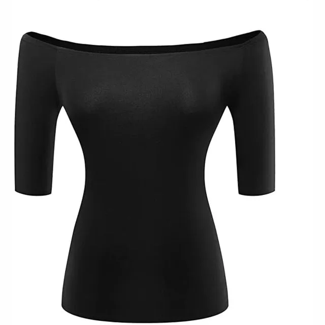 Fashion Woman Blouses 2022 Summer Sexy Elegant Party Vintage Luxury Middle Sleeve Knit Women Tube Off Shoulder Top Black