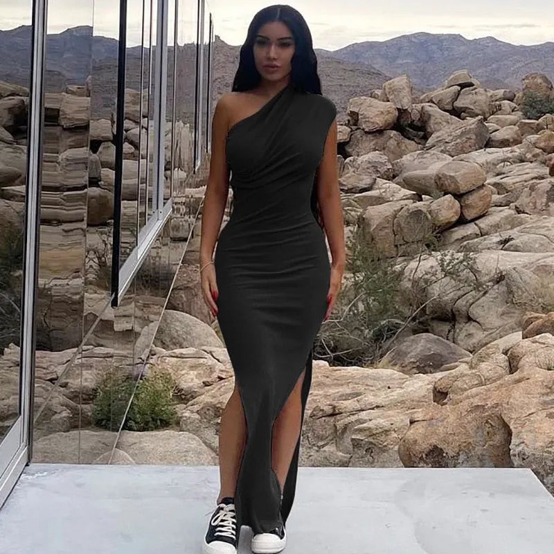 Fashionkova   Black Elegant Maxi Dress Women 2022 Summer Inclined Shoulder Sleeveless Side Split Bodycon Dresses Party Club Sexy Lady Vestidos