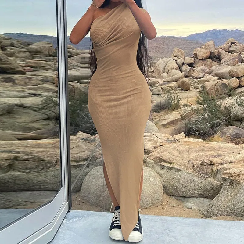 Fashionkova   Black Elegant Maxi Dress Women 2022 Summer Inclined Shoulder Sleeveless Side Split Bodycon Dresses Party Club Sexy Lady Vestidos