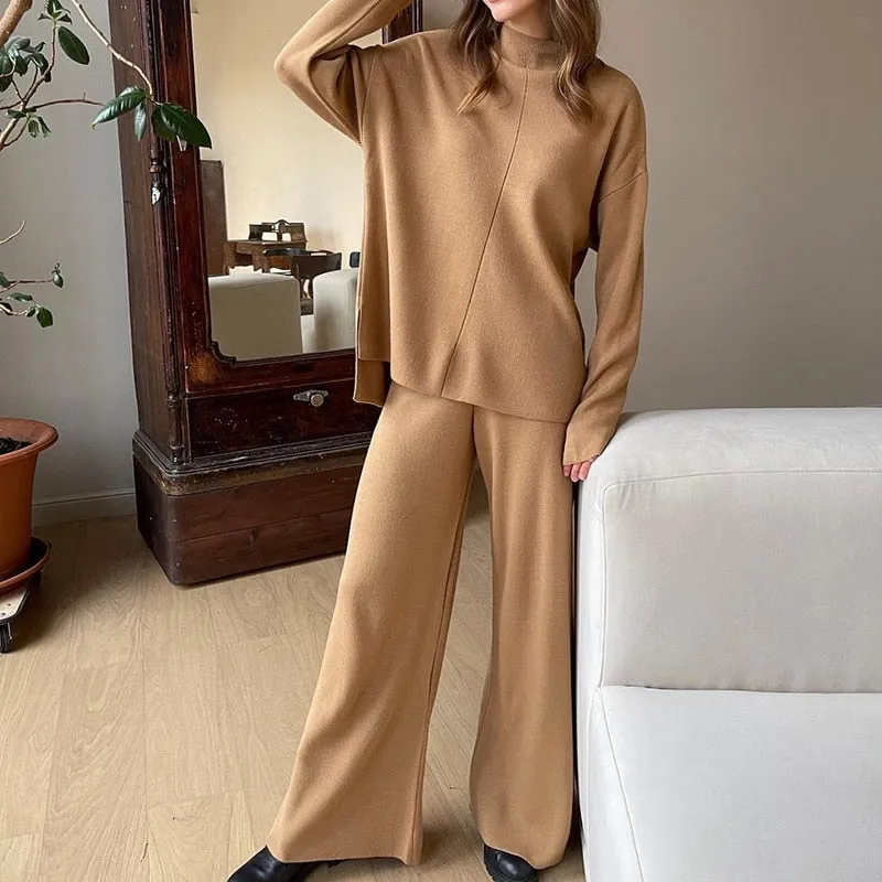 Fashionkova   Knitted Two Piece Set  Women's Tracksuit Green 2022 Winter Loose Long Sleeve Knitwear Wide Leg Pants Elegant Casual Suit Outfits