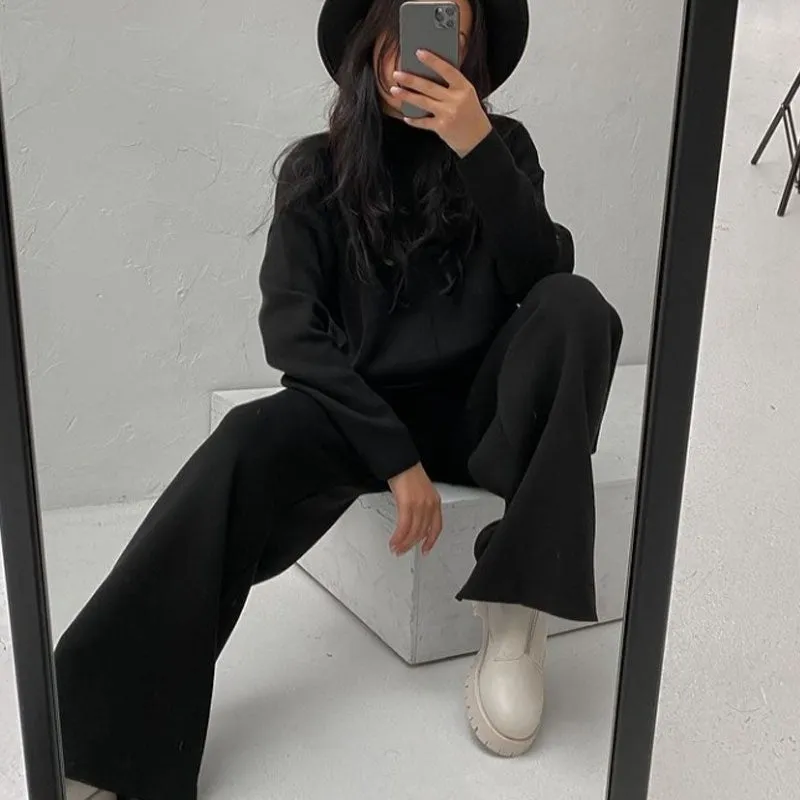 Fashionkova   Knitted Two Piece Set  Women's Tracksuit Green 2022 Winter Loose Long Sleeve Knitwear Wide Leg Pants Elegant Casual Suit Outfits