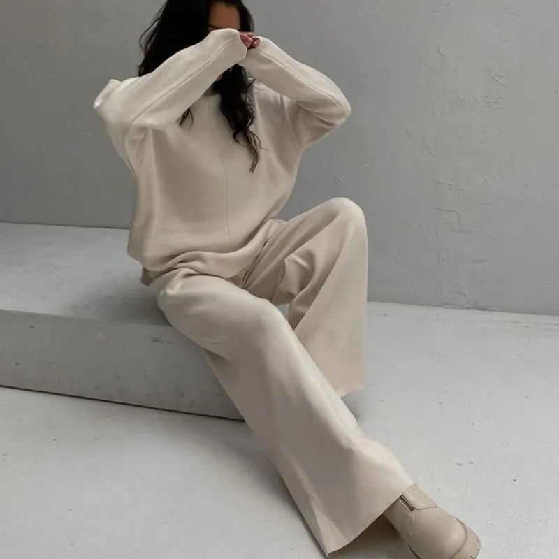 Fashionkova   Knitted Two Piece Set  Women's Tracksuit Green 2022 Winter Loose Long Sleeve Knitwear Wide Leg Pants Elegant Casual Suit Outfits
