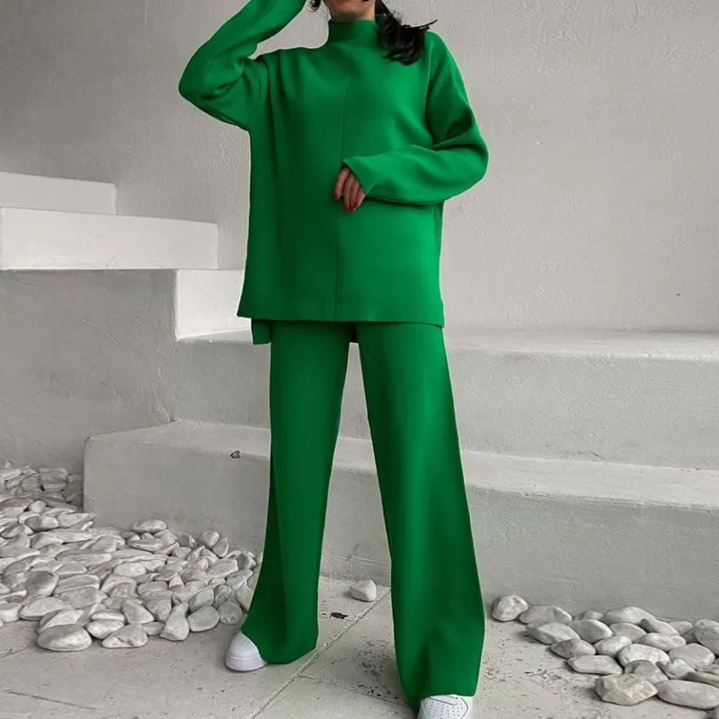 Fashionkova   Knitted Two Piece Set  Women's Tracksuit Green 2022 Winter Loose Long Sleeve Knitwear Wide Leg Pants Elegant Casual Suit Outfits