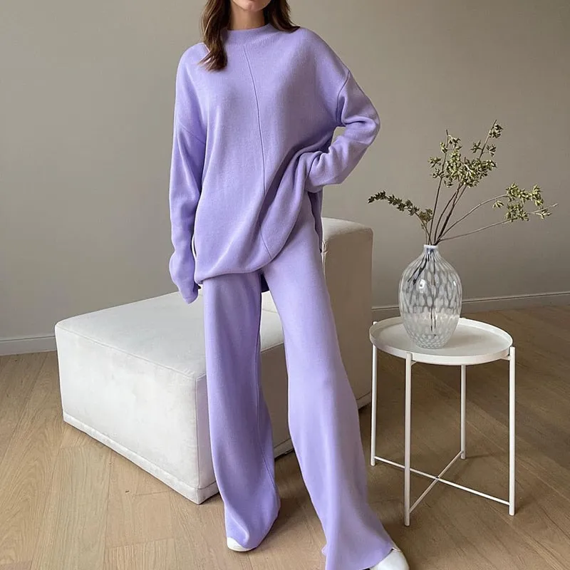 Fashionkova   Knitted Two Piece Set  Women's Tracksuit Green 2022 Winter Loose Long Sleeve Knitwear Wide Leg Pants Elegant Casual Suit Outfits