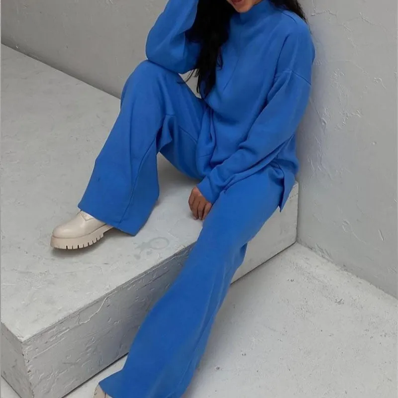 Fashionkova   Knitted Two Piece Set  Women's Tracksuit Green 2022 Winter Loose Long Sleeve Knitwear Wide Leg Pants Elegant Casual Suit Outfits