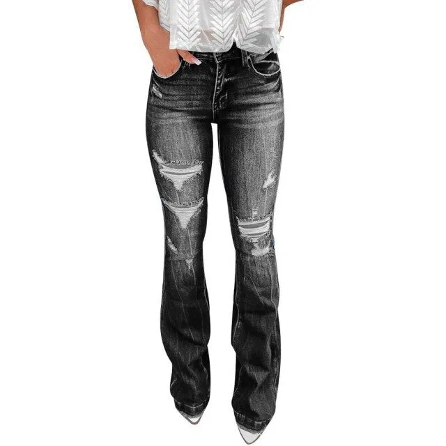 FashionSierra - Flare Jeans Pants Women Vintage Denim Ladies Jeans Women High Waist Fashion Stretch Pocket Trousers Wide Leg Jeans Plus Size