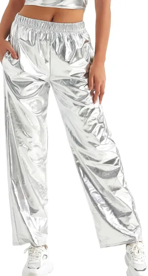 FEOYA Women's Shiny Metallic Rave Pants Elastic High Waist Wide Leg Trousers Hip Hop Disco Jogger Sweatpants Clubwear
