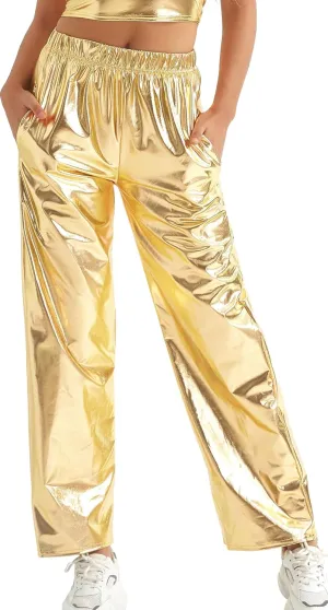 FEOYA Women's Shiny Metallic Rave Pants Elastic High Waist Wide Leg Trousers Hip Hop Disco Jogger Sweatpants Clubwear